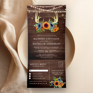 Burnt Orange Navy Sunflowers Antler Wood Wedding Tri-Fold Invitation