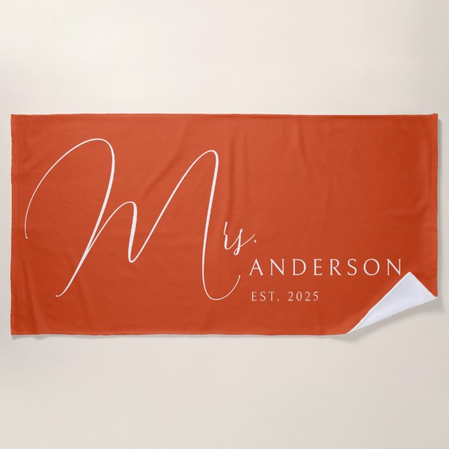 Burnt Orange Newlyweds Name Personalised Honeymoon Beach Towel (Front)