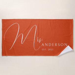 Burnt Orange Newlyweds Name Personalized Honeymoon Beach Towel