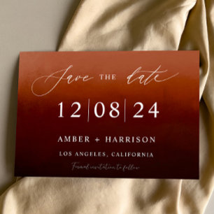 Burnt orange ombre dark glamour boho save the date invitation