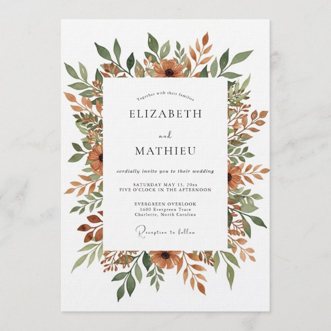 Burnt Orange Painterly Bloom Wedding Invitation (Front)