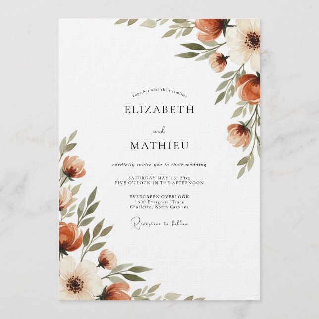 Burnt Orange Painterly Flora Wedding Invitation (Front)