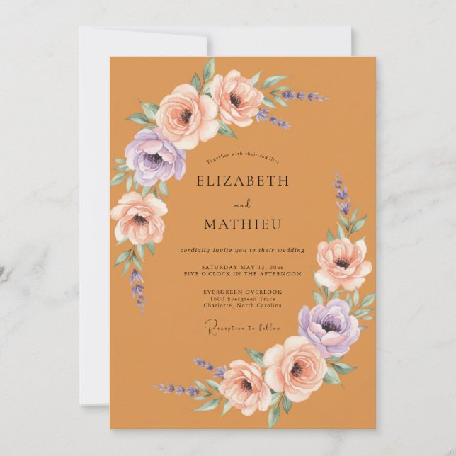 Burnt Orange Painterly Floral Romance Wedding Invitation (Front)