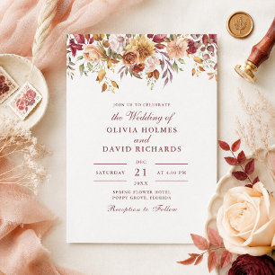 Burnt Orange & Peach Autumn Floral Border Wedding Invitation