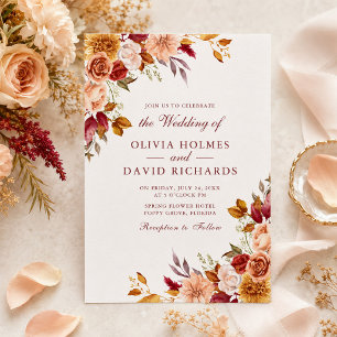 Burnt Orange & Peach Autumn Floral Wedding Invitation