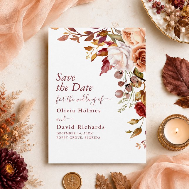 Burnt Orange & Peach Fall Floral Save the Date  (Burnt Orange & Peach Fall Floral Save the Date)