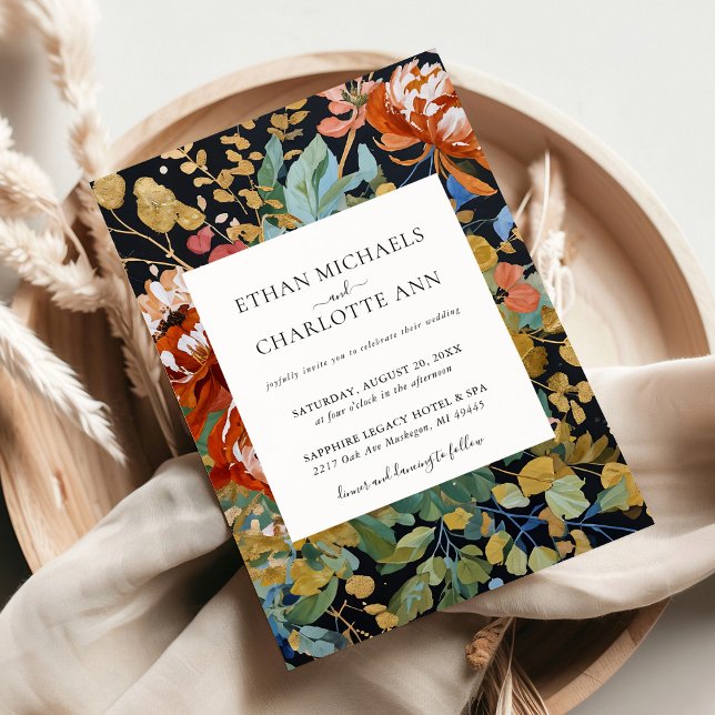 Burnt Orange Peonies Floral Gold Painting Wedding Invitation (Creator Uploaded)