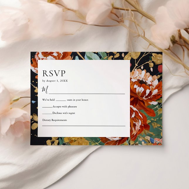 Burnt Orange Peonies Floral Gold Painting Wedding RSVP Card (Creator Uploaded)