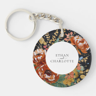 Burnt Orange Peonies Floral Painting Gold Wedding Key Ring