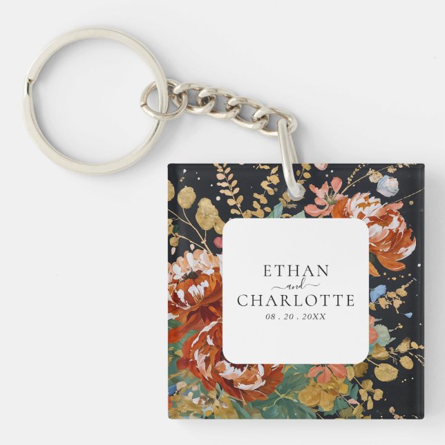 Burnt Orange Peonies Floral Painting Gold Wedding Key Ring (Front)