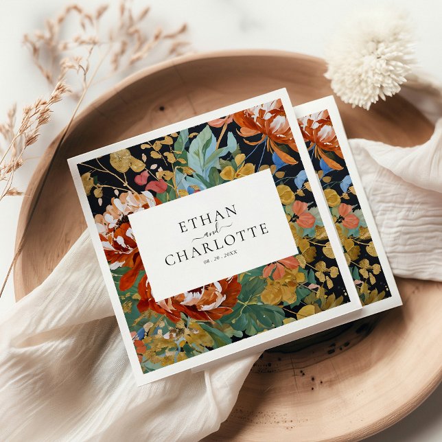 Burnt Orange Peonies Floral Painting Gold Wedding Napkin (Creator Uploaded)