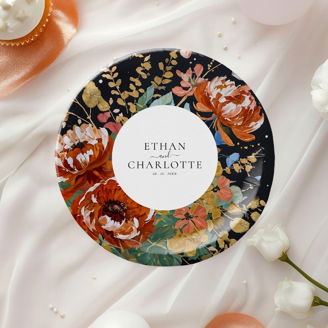 Burnt Orange Peonies Floral Painting Gold Wedding Paper Plate (Creator Uploaded)