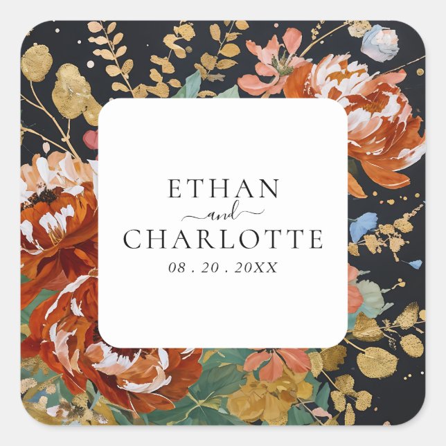 Burnt Orange Peonies Floral Painting Gold Wedding Square Sticker (Front)