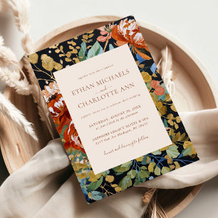 Burnt Orange Peony Floral Painting Gold Wedding Invitation