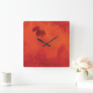 Burnt Orange Persimmon Leaf Abtract Autumn Square Wall Clock
