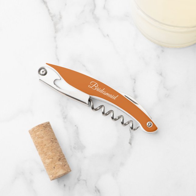 Burnt Orange Personalised Wedding Bridesmaid Corkscrew (Front)
