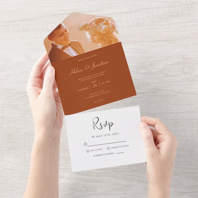 Burnt Orange Photo Minimal Wedding All In One Invitation (Tearaway)