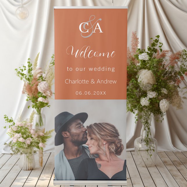 Burnt orange photo monogram welcome wedding retractable banner (Creator Uploaded)