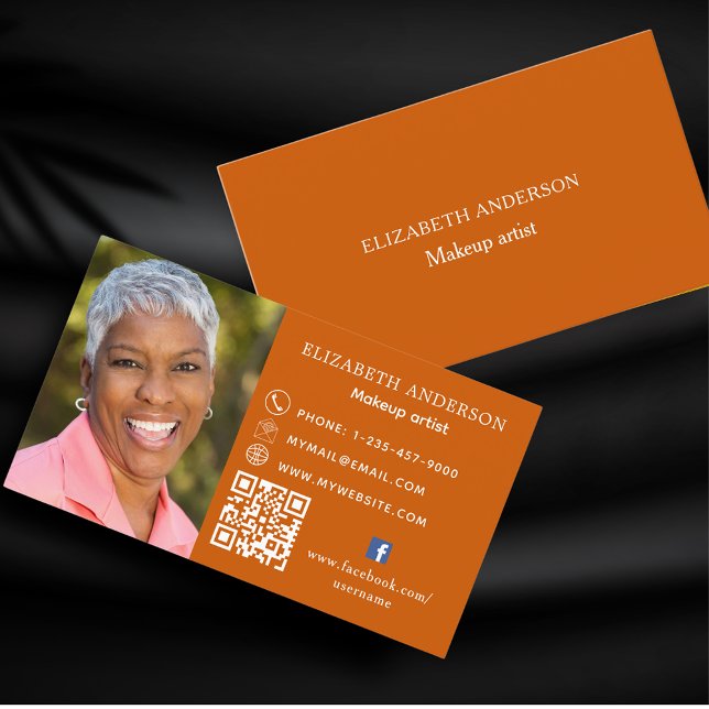 Burnt orange photo Qr code social Facebook icon Business Card (Creator Uploaded)