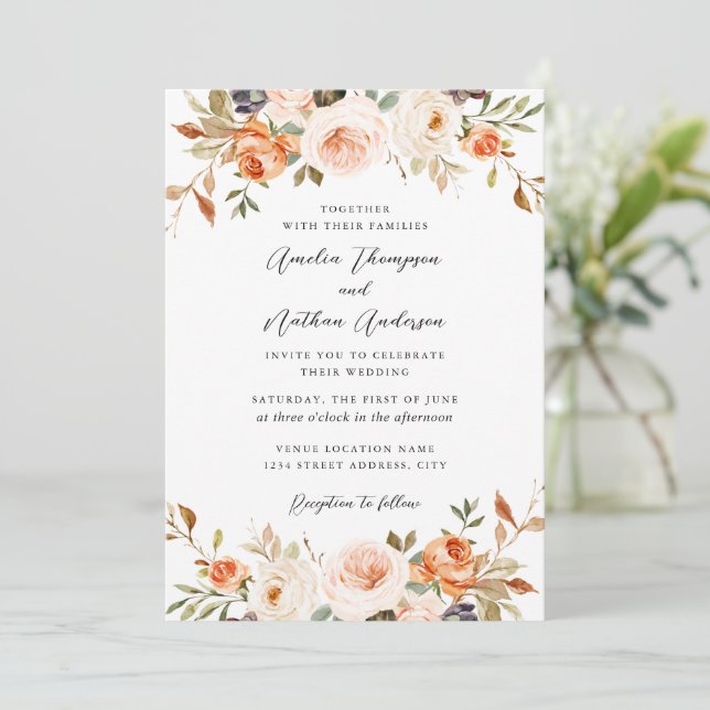 Burnt Orange Pink Rustic Botanical Florals Wedding Invitation (Standing Front)