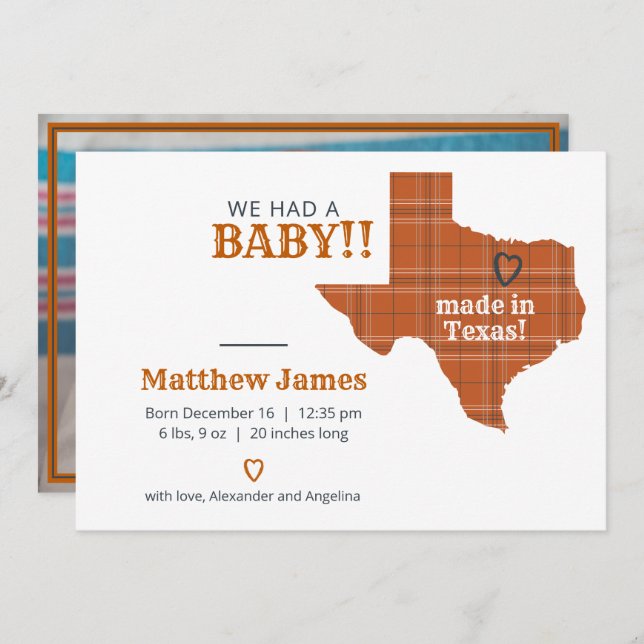 Burnt Orange Plaid Made In Texas Horizontal Photo Announcement (Front/Back)