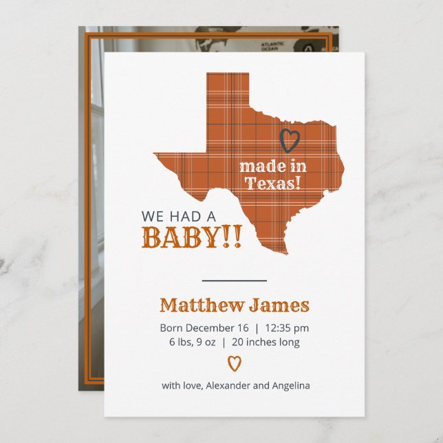 Burnt Orange Plaid Made In Texas Vertical Photo Announcement (Front/Back)