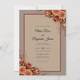 Burnt Orange Protea Dusty Eucalyptus Wedding Invitation
