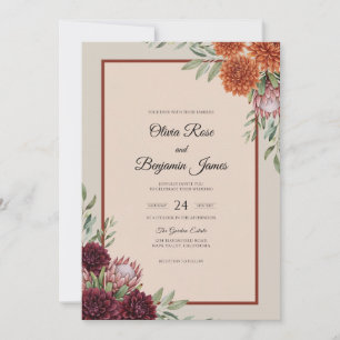 Burnt Orange Protea Grey Eucalyptus Wedding Invitation