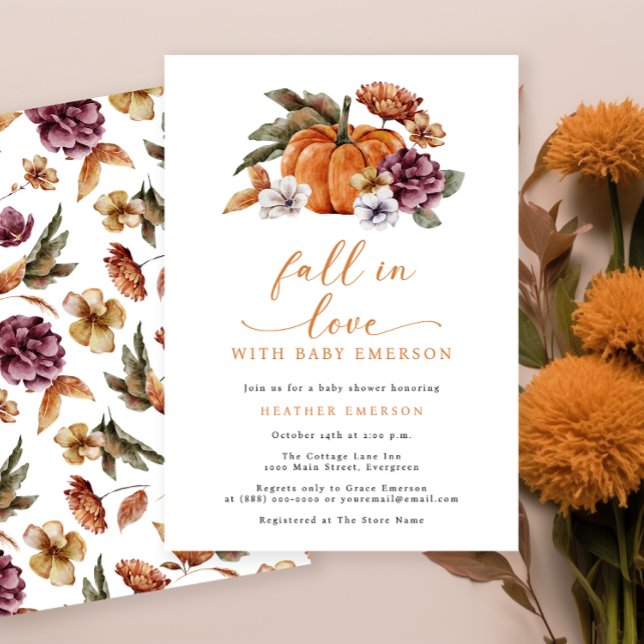Burnt Orange Pumpkin Baby Shower Invitations (Fall In Love With Baby Burnt Orange Baby Shower Invitation Watercolor Floral Pumpkins )