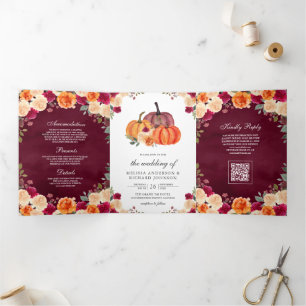 Burnt Orange Pumpkin Burgundy QR Code Wedding Tri-Fold Invitation