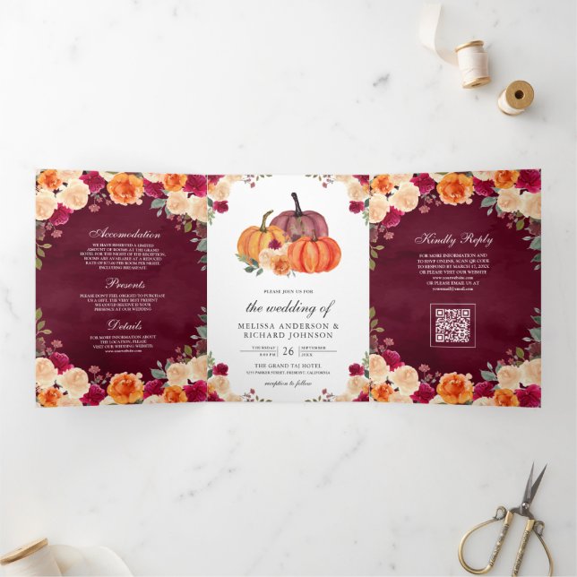 Burnt Orange Pumpkin Burgundy QR Code Wedding Tri-Fold Invitation (Inside)