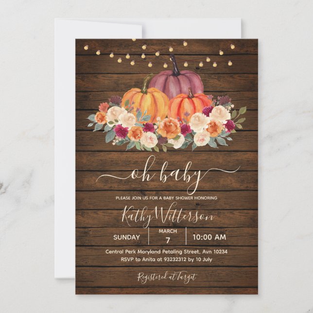 Burnt Orange Pumpkin Floral Baby Shower Wood Invitation (Front)