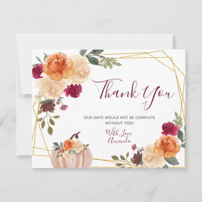 Burnt Orange Pumpkin Floral Bridal & Baby Shower Thank You Card (Front)