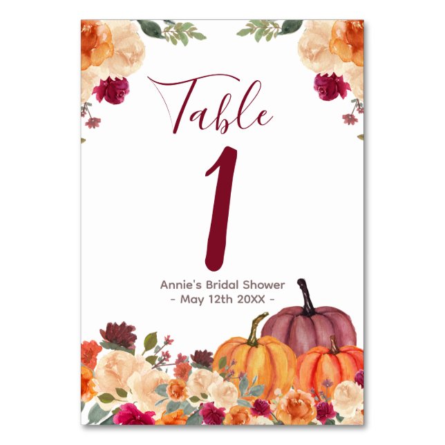 Burnt Orange Pumpkin Floral Modern Table Number (Front)