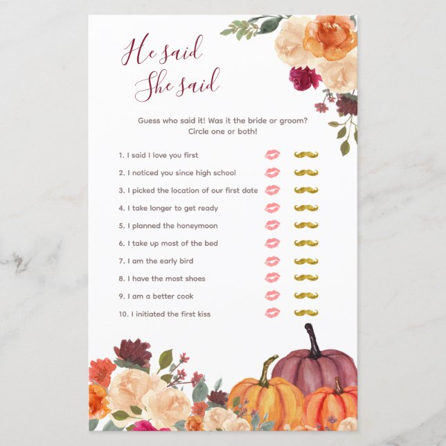 Burnt orange Pumpkin He said She said Game Card (Front)