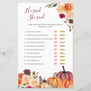 Burnt orange Pumpkin He said She said Game Card