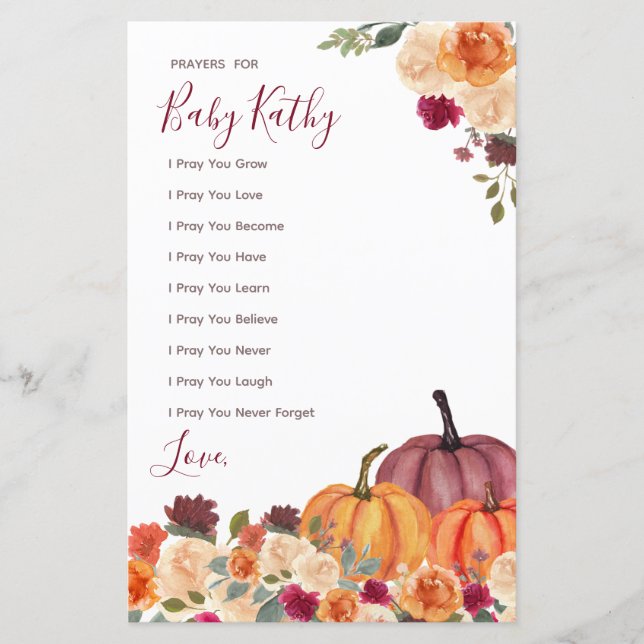 Burnt orange Pumpkin Love Prayers for Baby Sign (Front)