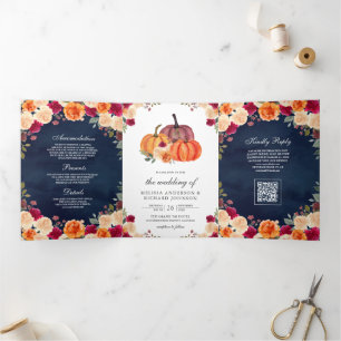 Burnt Orange Pumpkin Navy Blue QR Code Wedding Tri-Fold Invitation