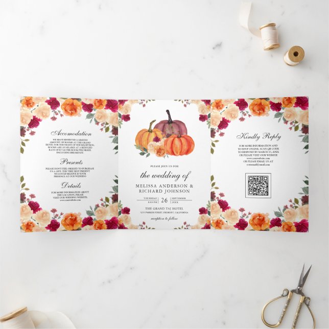 Burnt Orange Pumpkin QR Code Wedding Tri-Fold Invitation (Inside)