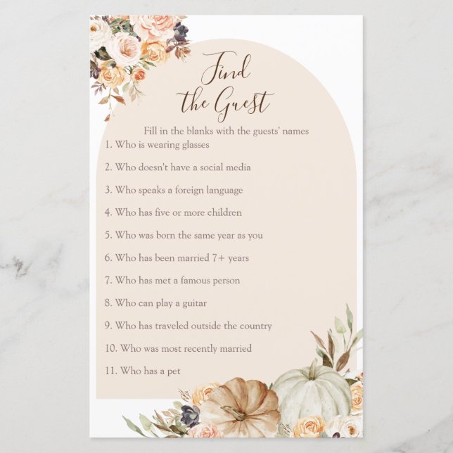 Burnt Orange Pumpkin Rustic Find the Guest game (Front)