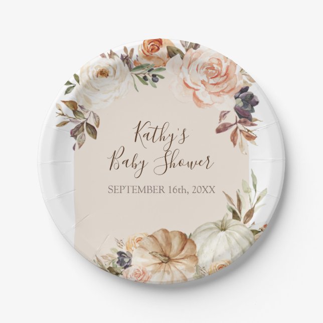 Burnt Orange Pumpkin Rustic Floral Party Paper Plate (Front)