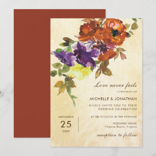 Burnt Orange Purple Fall Floral Christian Wedding Invitation