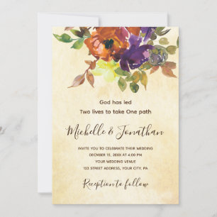 Burnt Orange Purple Floral Christian Wedding  Invitation
