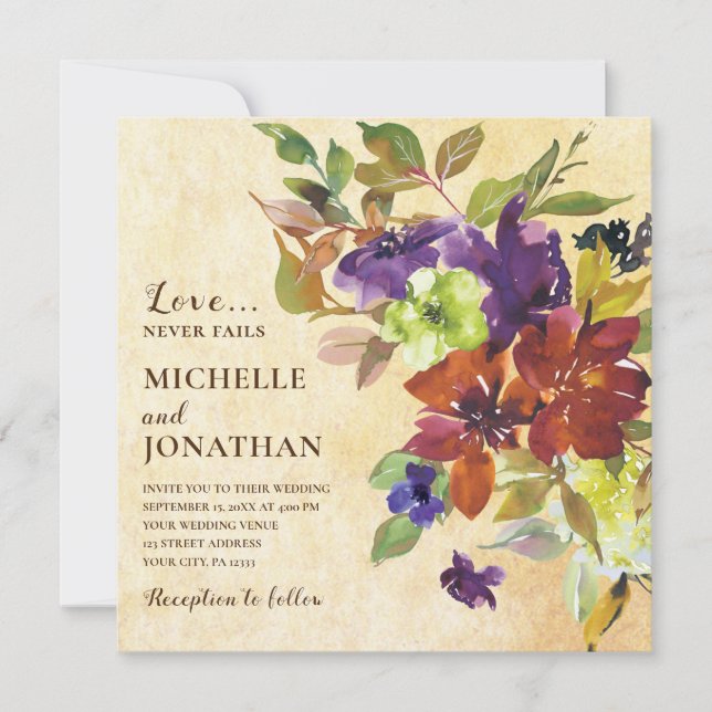 Burnt Orange Purple Floral Christian Wedding Invitation (Front)