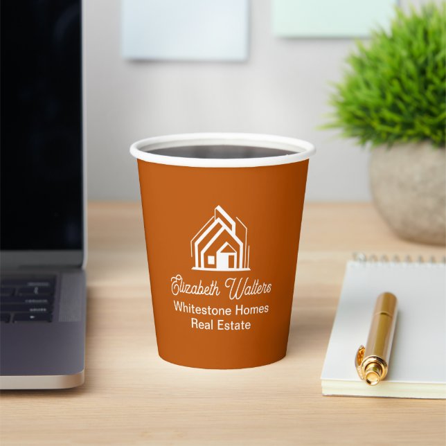 Burnt Orange Real Estate Company Custom Realtor Paper Cups (Insitu)