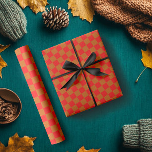 Burnt Orange Red Chequered Chequerboard Vintage Wrapping Paper