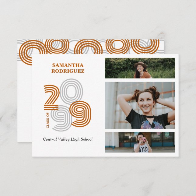 Burnt Orange Retro Big Numbers 3-Photo Graduation Invitation (Front/Back)