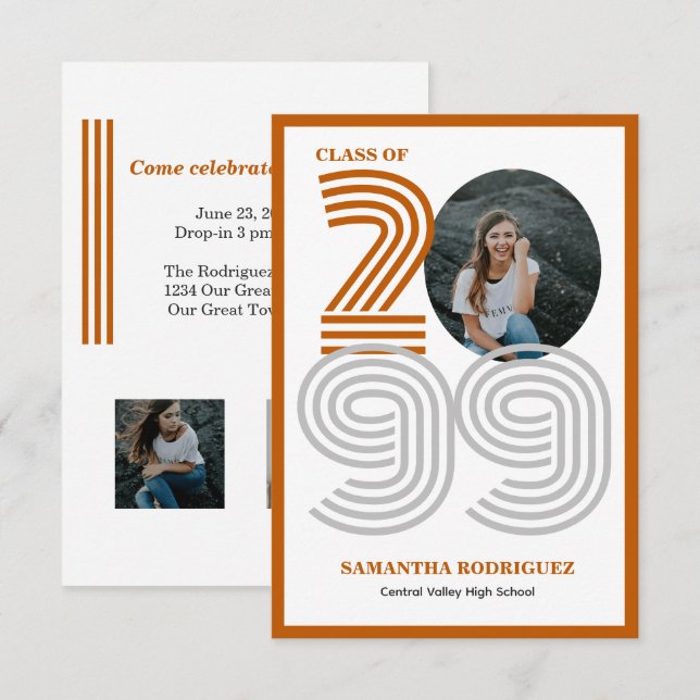 Burnt Orange Retro Big Numbers Graduation Photo Invitation (Front/Back)
