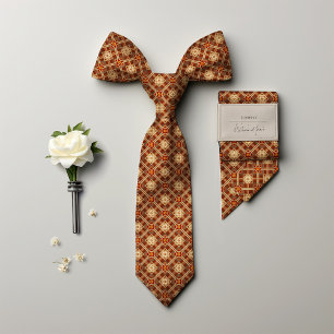 Burnt Orange Rhombus Diamonds Vintage Floral Men's Tie