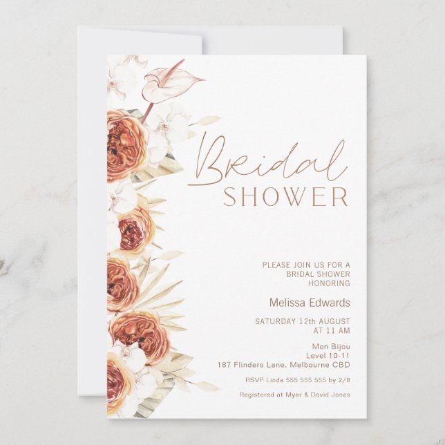 Burnt Orange Rose Boho Floral Bridal Shower Invitation (Front)